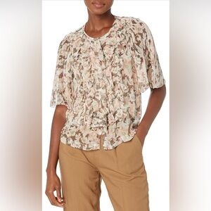 Joie Cream and Brown Floral Blouse Mikayla silk top XL NWT